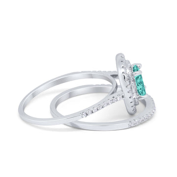 Halo Wedding Bridal Rings Piece Oval Simulated Paraiba Tourmaline CZ Sterling Silver